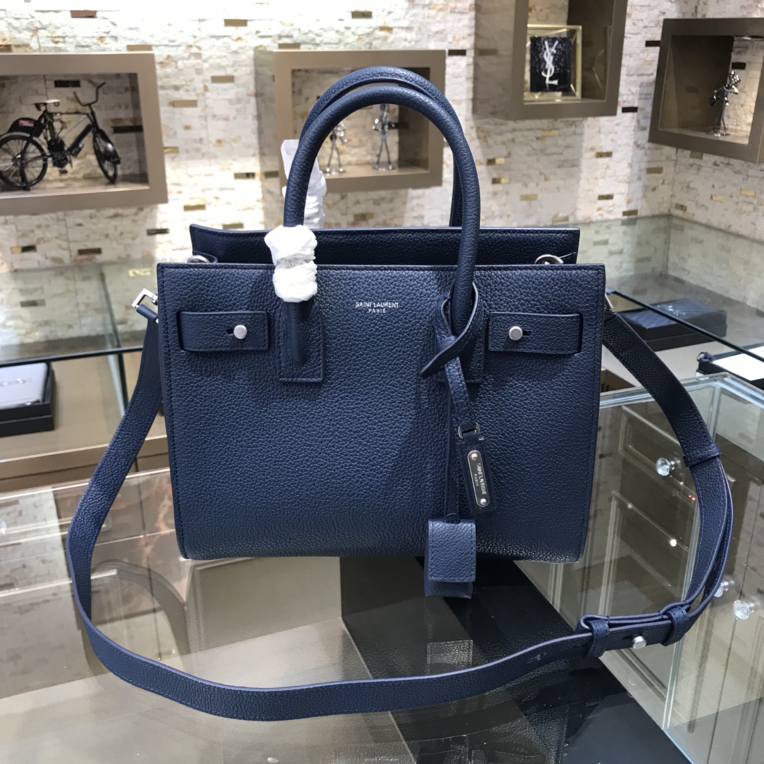 Saint Laurent Sac De Jour Baby Grain Calfskin Handbag Shoulder Bag Navy Blue 421863 Silver